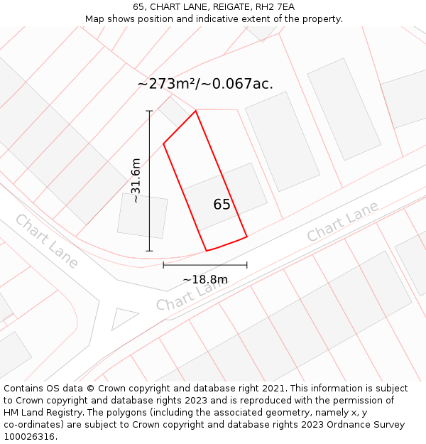65, CHART LANE, REIGATE, RH2 7EA: Plot and title map