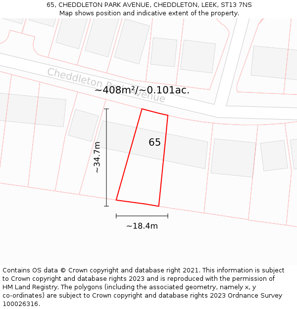 65, CHEDDLETON PARK AVENUE, CHEDDLETON, LEEK, ST13 7NS: Plot and title map