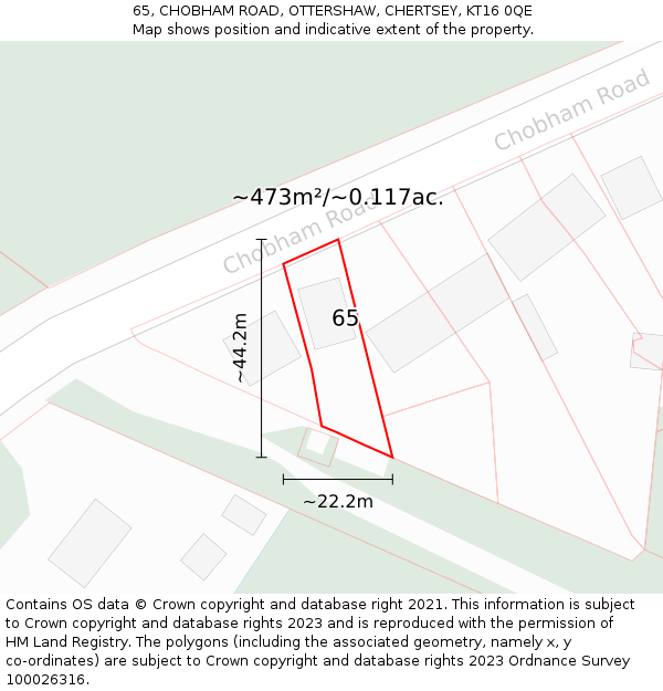 65, CHOBHAM ROAD, OTTERSHAW, CHERTSEY, KT16 0QE: Plot and title map