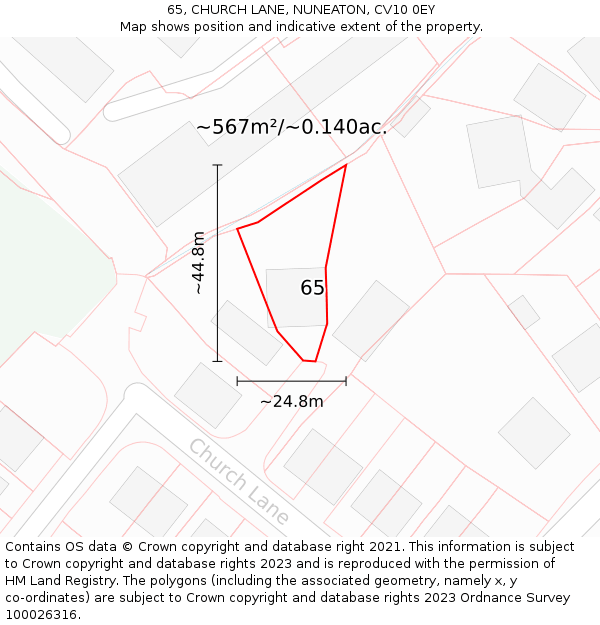 65, CHURCH LANE, NUNEATON, CV10 0EY: Plot and title map