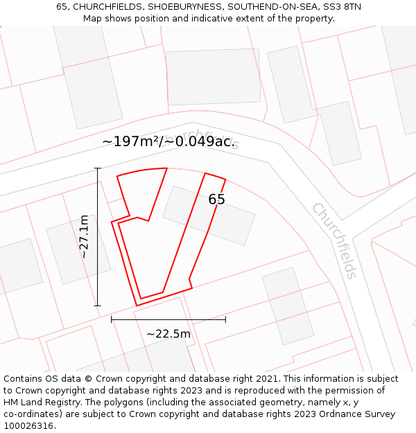 65, CHURCHFIELDS, SHOEBURYNESS, SOUTHEND-ON-SEA, SS3 8TN: Plot and title map