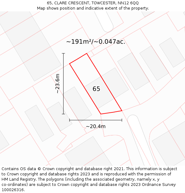 65, CLARE CRESCENT, TOWCESTER, NN12 6QQ: Plot and title map