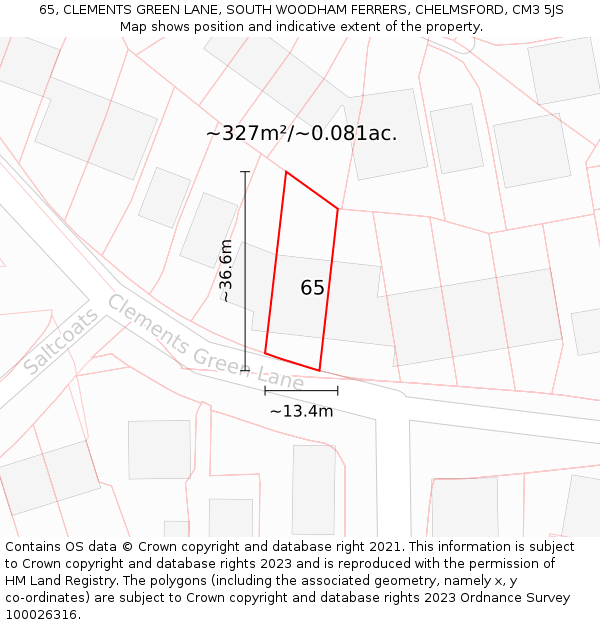 65, CLEMENTS GREEN LANE, SOUTH WOODHAM FERRERS, CHELMSFORD, CM3 5JS: Plot and title map