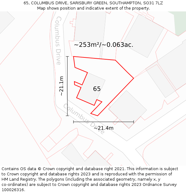 65, COLUMBUS DRIVE, SARISBURY GREEN, SOUTHAMPTON, SO31 7LZ: Plot and title map
