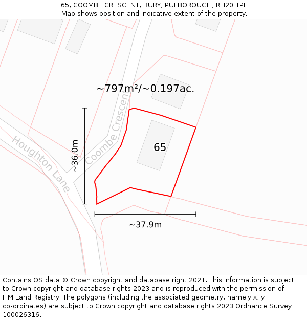 65, COOMBE CRESCENT, BURY, PULBOROUGH, RH20 1PE: Plot and title map