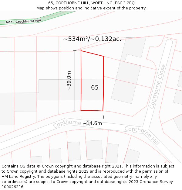 65, COPTHORNE HILL, WORTHING, BN13 2EQ: Plot and title map