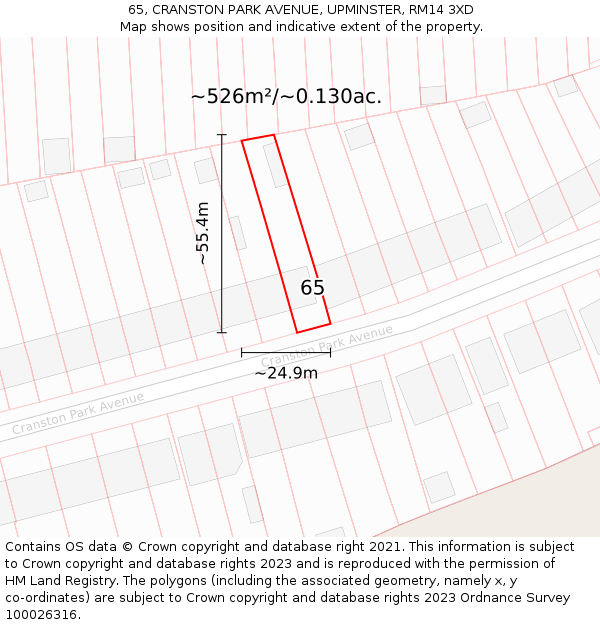 65, CRANSTON PARK AVENUE, UPMINSTER, RM14 3XD: Plot and title map