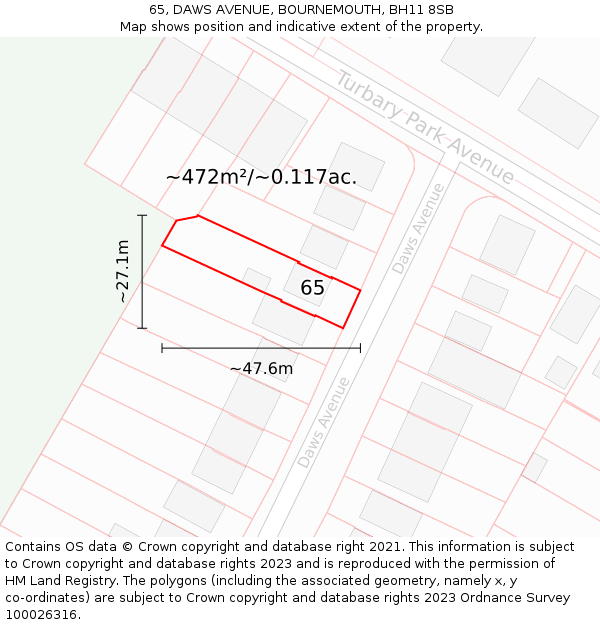 65, DAWS AVENUE, BOURNEMOUTH, BH11 8SB: Plot and title map