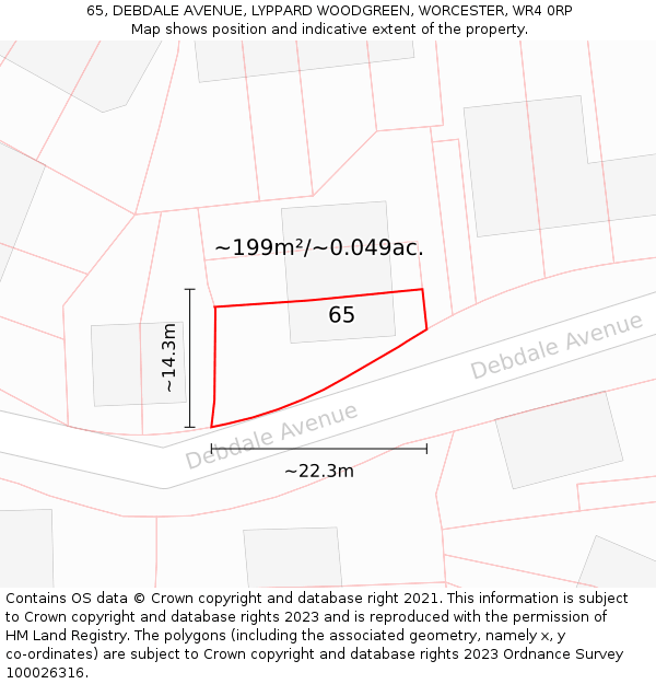 65, DEBDALE AVENUE, LYPPARD WOODGREEN, WORCESTER, WR4 0RP: Plot and title map