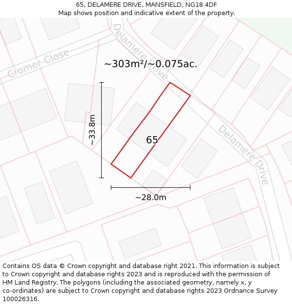 65, DELAMERE DRIVE, MANSFIELD, NG18 4DF: Plot and title map