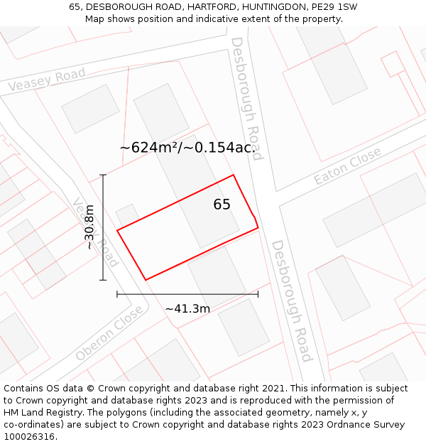 65, DESBOROUGH ROAD, HARTFORD, HUNTINGDON, PE29 1SW: Plot and title map