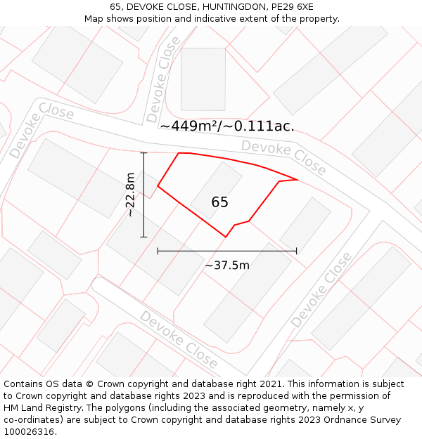 65, DEVOKE CLOSE, HUNTINGDON, PE29 6XE: Plot and title map