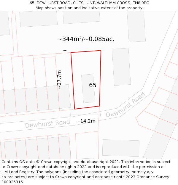 65, DEWHURST ROAD, CHESHUNT, WALTHAM CROSS, EN8 9PG: Plot and title map