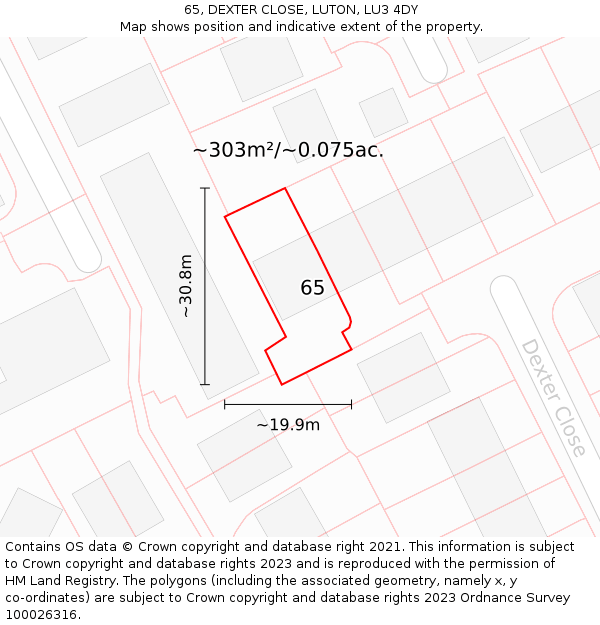 65, DEXTER CLOSE, LUTON, LU3 4DY: Plot and title map