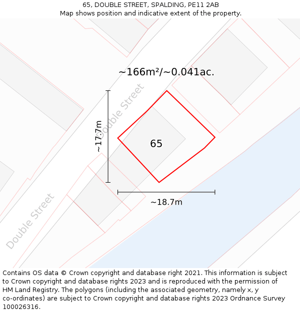 65, DOUBLE STREET, SPALDING, PE11 2AB: Plot and title map