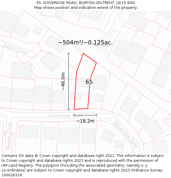 65, DOVERIDGE ROAD, BURTON-ON-TRENT, DE15 9GD: Plot and title map
