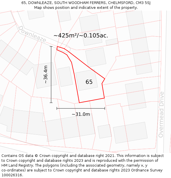 65, DOWNLEAZE, SOUTH WOODHAM FERRERS, CHELMSFORD, CM3 5SJ: Plot and title map