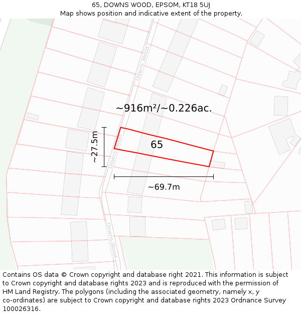 65, DOWNS WOOD, EPSOM, KT18 5UJ: Plot and title map