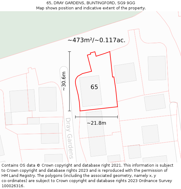 65, DRAY GARDENS, BUNTINGFORD, SG9 9GG: Plot and title map