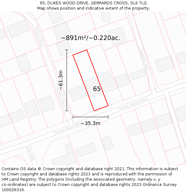 65, DUKES WOOD DRIVE, GERRARDS CROSS, SL9 7LQ: Plot and title map