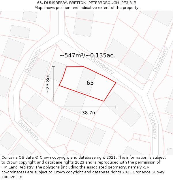 65, DUNSBERRY, BRETTON, PETERBOROUGH, PE3 8LB: Plot and title map