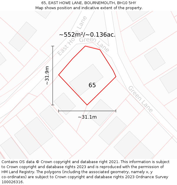 65, EAST HOWE LANE, BOURNEMOUTH, BH10 5HY: Plot and title map