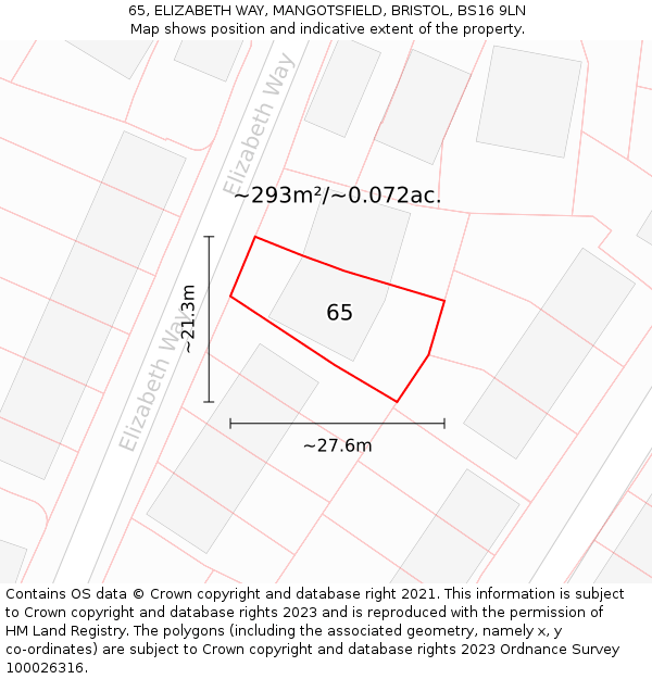 65, ELIZABETH WAY, MANGOTSFIELD, BRISTOL, BS16 9LN: Plot and title map