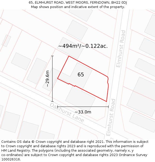 65, ELMHURST ROAD, WEST MOORS, FERNDOWN, BH22 0DJ: Plot and title map