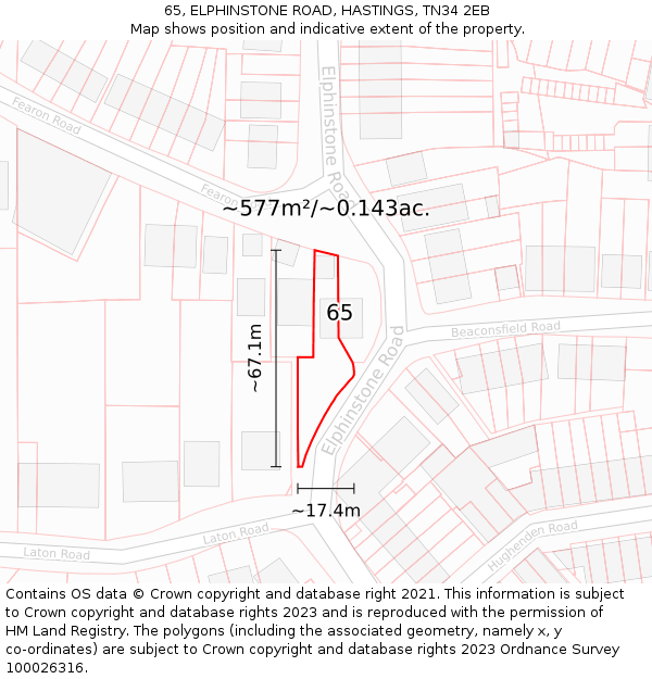 65, ELPHINSTONE ROAD, HASTINGS, TN34 2EB: Plot and title map