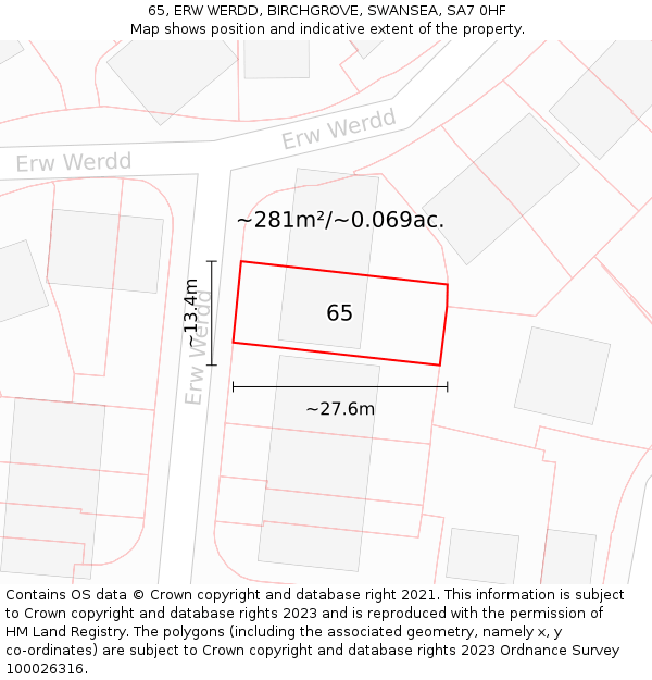 65, ERW WERDD, BIRCHGROVE, SWANSEA, SA7 0HF: Plot and title map
