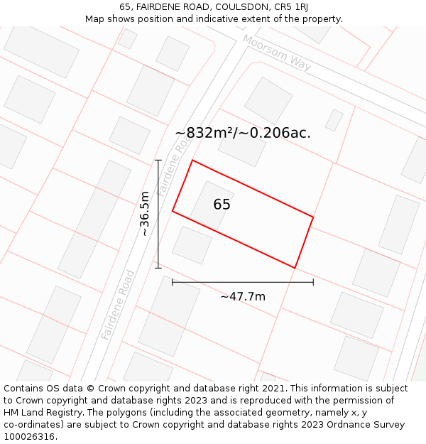 65, FAIRDENE ROAD, COULSDON, CR5 1RJ: Plot and title map