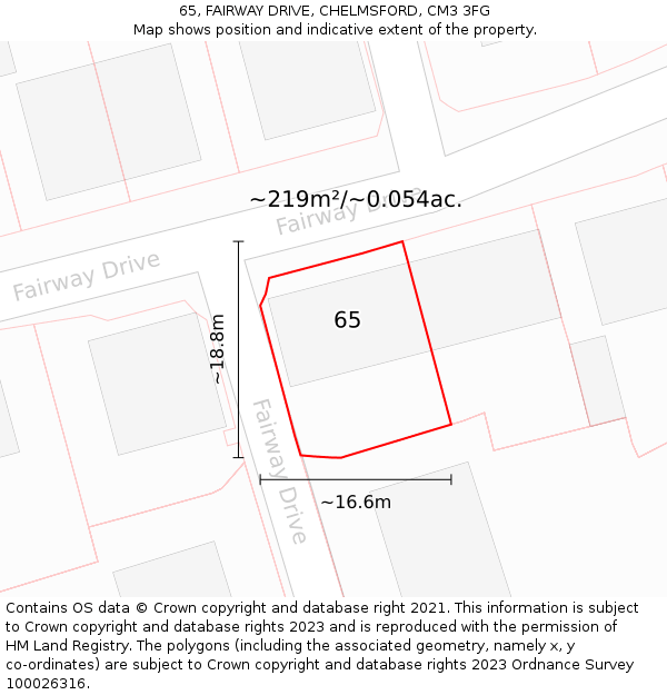 65, FAIRWAY DRIVE, CHELMSFORD, CM3 3FG: Plot and title map