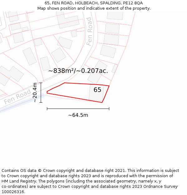 65, FEN ROAD, HOLBEACH, SPALDING, PE12 8QA: Plot and title map
