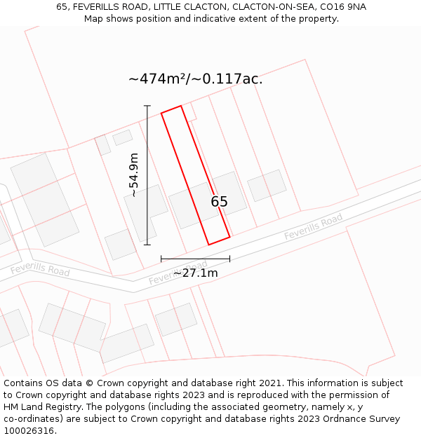 65, FEVERILLS ROAD, LITTLE CLACTON, CLACTON-ON-SEA, CO16 9NA: Plot and title map