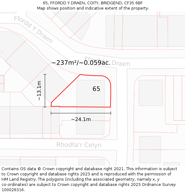 65, FFORDD Y DRAEN, COITY, BRIDGEND, CF35 6BF: Plot and title map