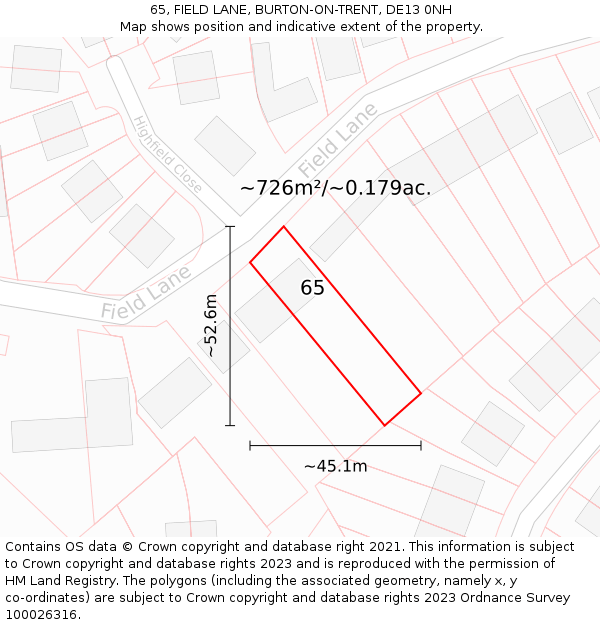 65, FIELD LANE, BURTON-ON-TRENT, DE13 0NH: Plot and title map