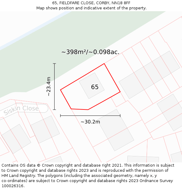 65, FIELDFARE CLOSE, CORBY, NN18 8FF: Plot and title map