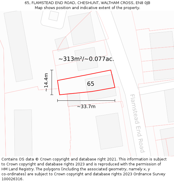 65, FLAMSTEAD END ROAD, CHESHUNT, WALTHAM CROSS, EN8 0JB: Plot and title map