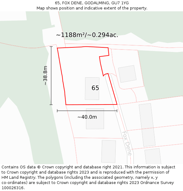 65, FOX DENE, GODALMING, GU7 1YG: Plot and title map
