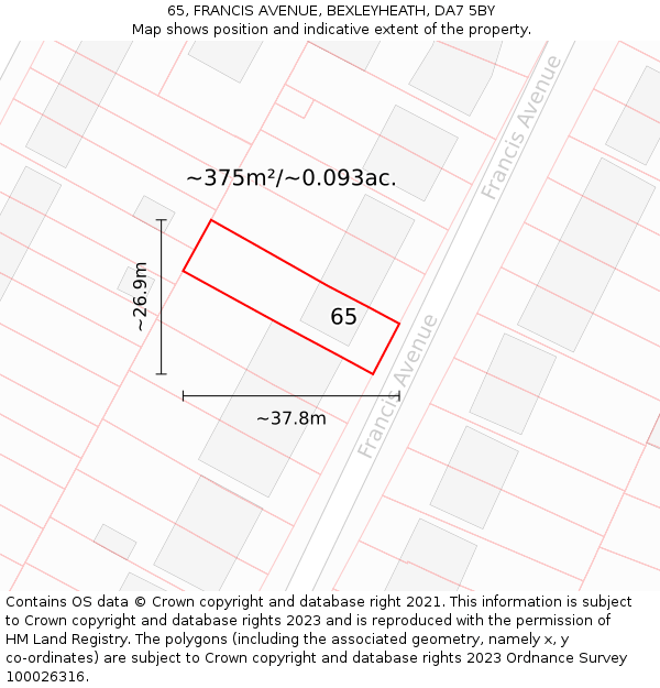 65, FRANCIS AVENUE, BEXLEYHEATH, DA7 5BY: Plot and title map
