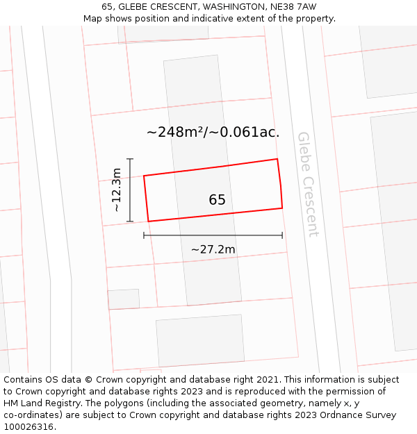 65, GLEBE CRESCENT, WASHINGTON, NE38 7AW: Plot and title map