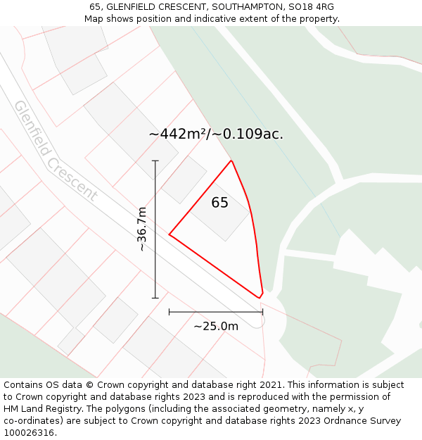 65, GLENFIELD CRESCENT, SOUTHAMPTON, SO18 4RG: Plot and title map