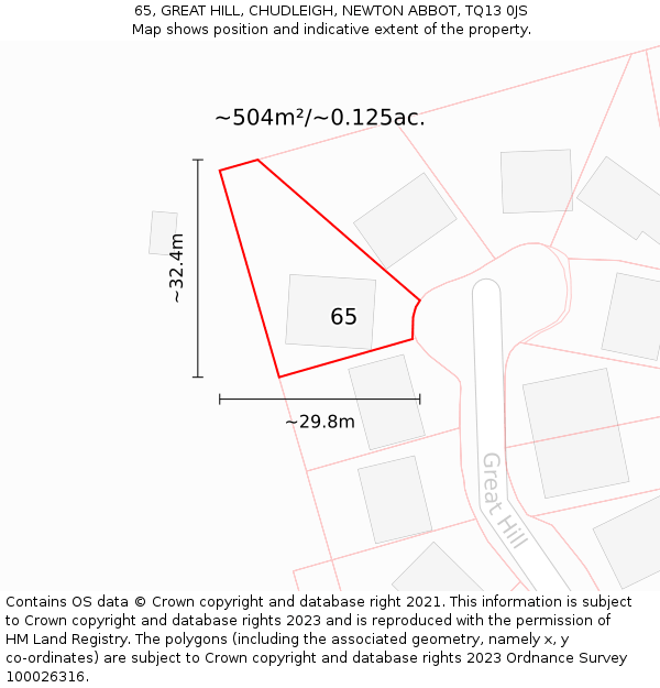 65, GREAT HILL, CHUDLEIGH, NEWTON ABBOT, TQ13 0JS: Plot and title map