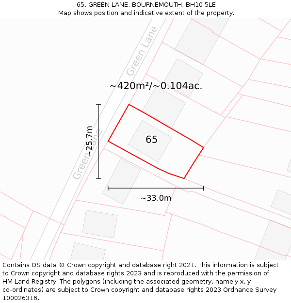 65, GREEN LANE, BOURNEMOUTH, BH10 5LE: Plot and title map