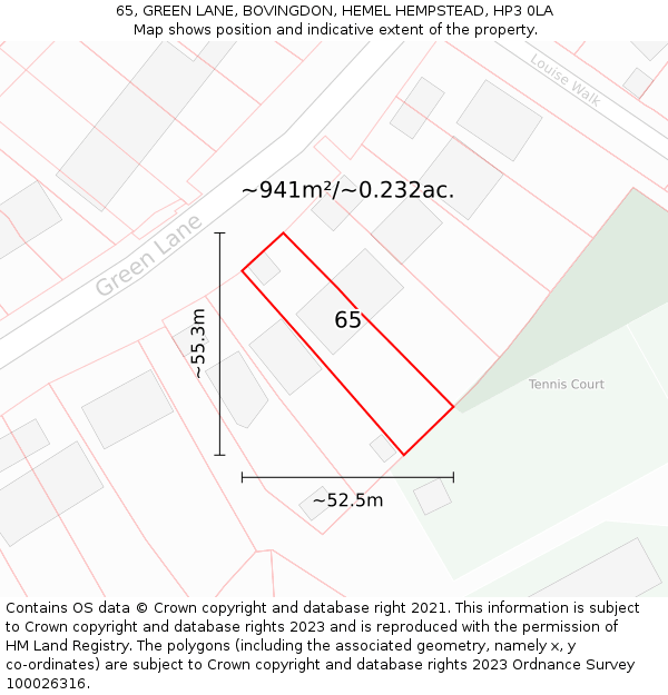 65, GREEN LANE, BOVINGDON, HEMEL HEMPSTEAD, HP3 0LA: Plot and title map