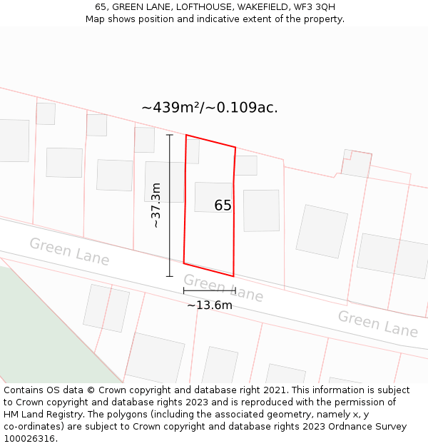 65, GREEN LANE, LOFTHOUSE, WAKEFIELD, WF3 3QH: Plot and title map