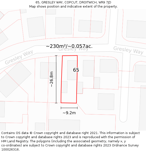 65, GRESLEY WAY, COPCUT, DROITWICH, WR9 7JD: Plot and title map