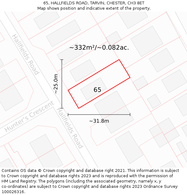 65, HALLFIELDS ROAD, TARVIN, CHESTER, CH3 8ET: Plot and title map