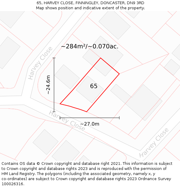 65, HARVEY CLOSE, FINNINGLEY, DONCASTER, DN9 3RD: Plot and title map