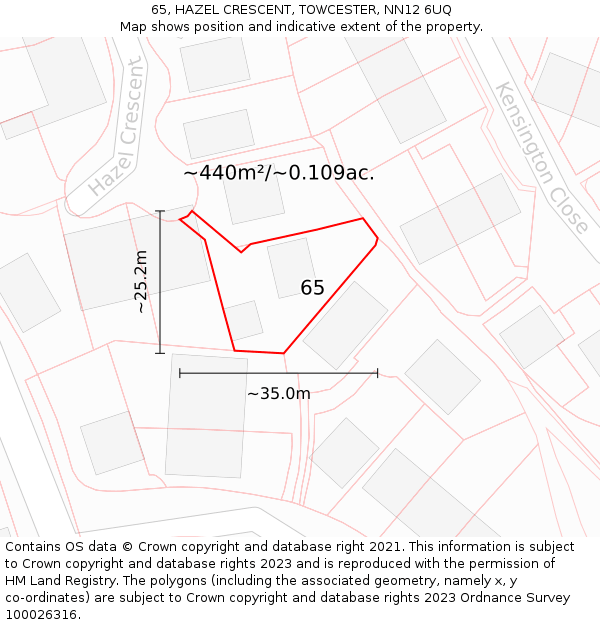 65, HAZEL CRESCENT, TOWCESTER, NN12 6UQ: Plot and title map